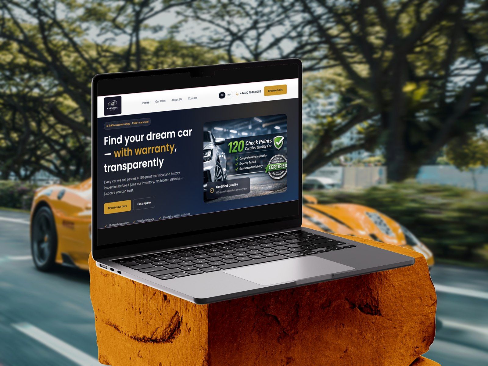 Carnovox Motors autókereskedés weboldal mockup